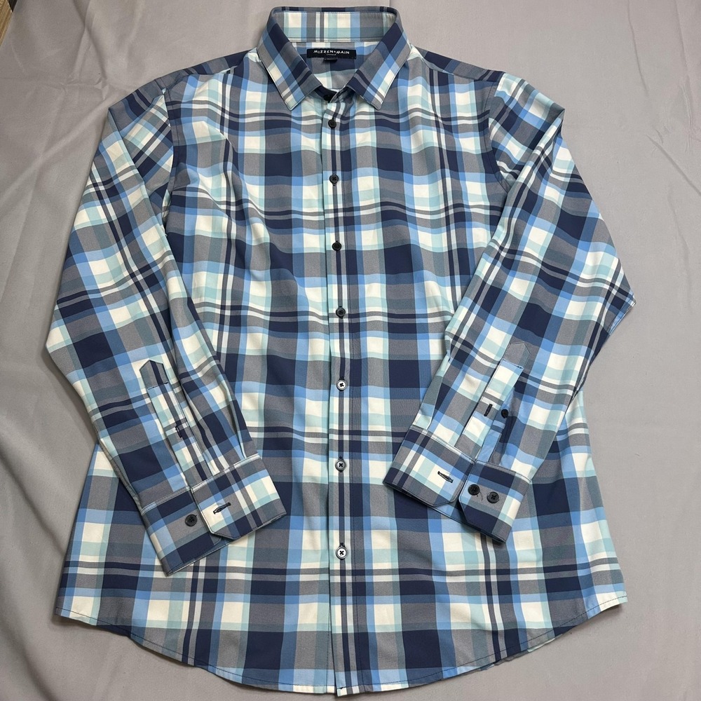 Mizzen+Main Shirt Mens XL Blue Plaid Leeward Trim Fit Stretch Dress Office
